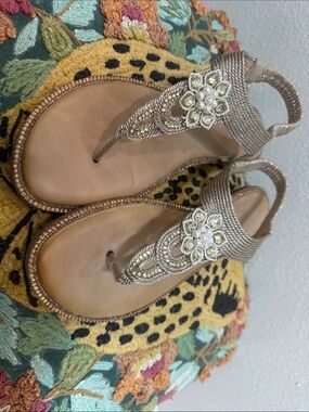 Beaded Gold Floral T-Strap Slingback Sandals